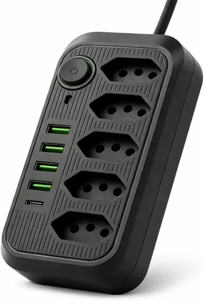 Extensão Elétrica Régua Tomada Filtro de Linha 5 Tomadas 4 Interfaces USB 1 Porta USB Tipo-C Cabo de Alimentação de 2 Metros Bivolt