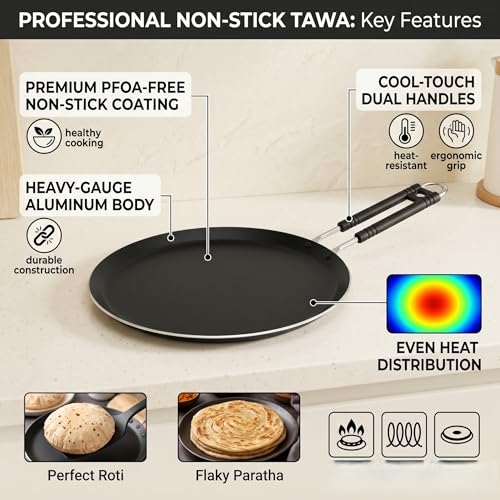 Image of ISHU & CO. Naturally Pre-Seasoned Cast Iron Induction Tawa, The Healthier Non-Stick Alternative | Induction Base Iron Griddle for Iron-Rich Crispy Dosa, Roti & Paratha | 100% Toxin-Free & PFOA-Free