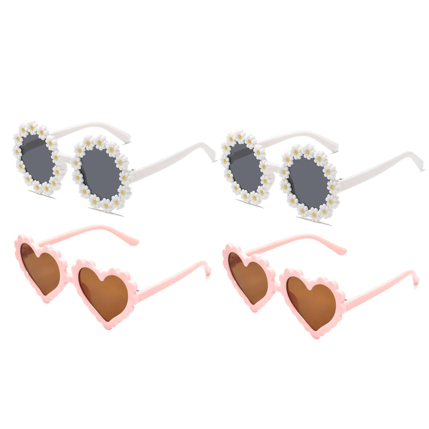 Vwejofff 4Pcs Kids Sunglasses for Girls, Durable UV Protection Pink Heart Glasses with Daisy, Cute Flower Eyewear for Summer Beach, Outdoor, Travel and Party Wear