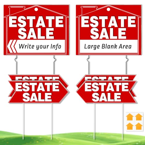 Cyrico 6 Pcs Estate Sale Signs with Metal Stakes 2 Estate Sale Yard Signs 17 x 13 and 4 Directional Arrow Sign 17 x 6 Double Sided Waterproof Corrugated Plastic for Outdoor Sale Kit Supplies