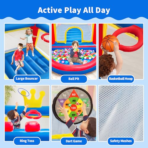 Inflatable Bounce House with Blower, PVC Bouncer for Kids Ages 3-8, Indoor and Outdoor Bouncy Playhouse, Jumping Castle with Pump, Ball Pit, Ringtoss and Target Game, Bouncer for 3 Kids - Image 6