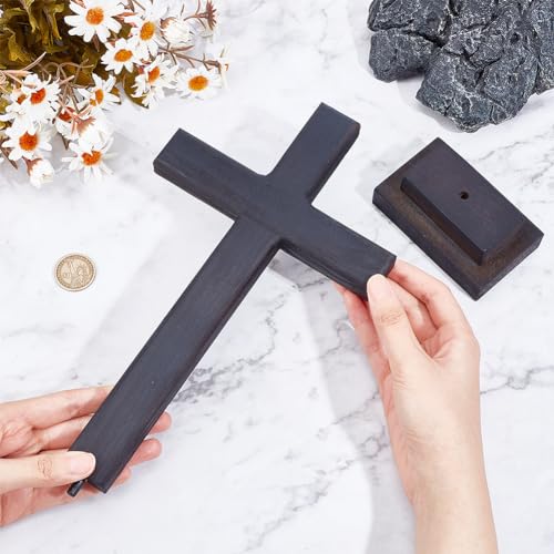 GOMAKERER 1 Pc Wood Crafted Cross, Black Wooden Wall Cross with Stand, Hanging or Standing Cross Decoration Religion Wall-Mounted Cross for Home Desktop Decoration - Image 3