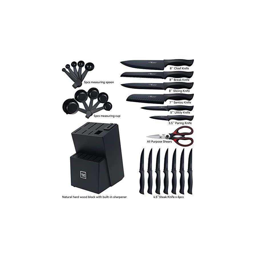 Knife Sets for Kitchen with Block, HUNTER.DUAL 15 Pcs Kitchen Knife Set with Block Self Sharpening, Dishwasher Safe, Anti-slip Handle, Black