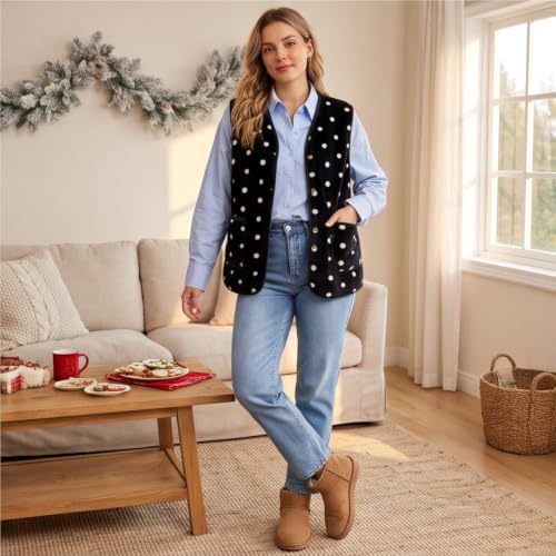Polka Dot Sherpa Vest Women Light Weight Fleece Lined Jacket Black | Sherpa Lined, Vneck, Polkadot, Light Weight, Sleeveless, Button Up, Fuzzy, Vest, for Travel — view 6
