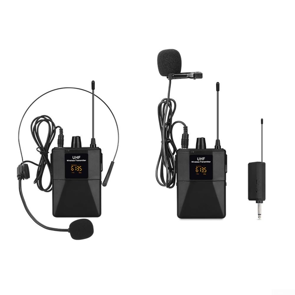 UHF - Kit di sistemi microfonici wireless con 16 canali di accoppiamento casuale ID e blocco della frequenza per una trasmissione audio wireless chiara e stabile (da 1 a trascinare 2)