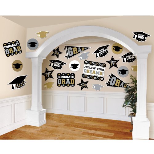 Amscan Grad Printed Cutout in Black, Silver and Gold Graduation Theme Party Decoration, Paper, 14