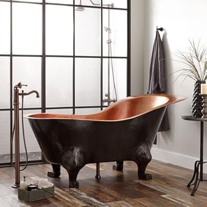 Zamuna 183,9 cm große, gehämmerte Kupfer-Pantoffel, freistehende Badewanne, helles Kupfer innen und gehämmerte schwarze Außenwanne, elegante Löwenpfotenfüße, traditionelle Badewanne