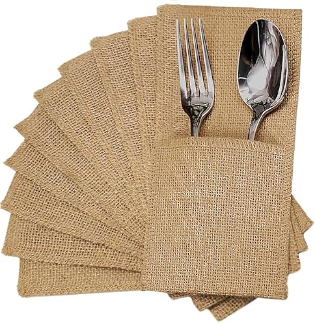 FQTANJU 50 Pcs Burlap Utensils Holders, 4x8.8 Natural Jute Cutlery Pouch Silverware Holder Knives Forks Spoon Napkin Bag for Rustic Wedding Party Decorations favors