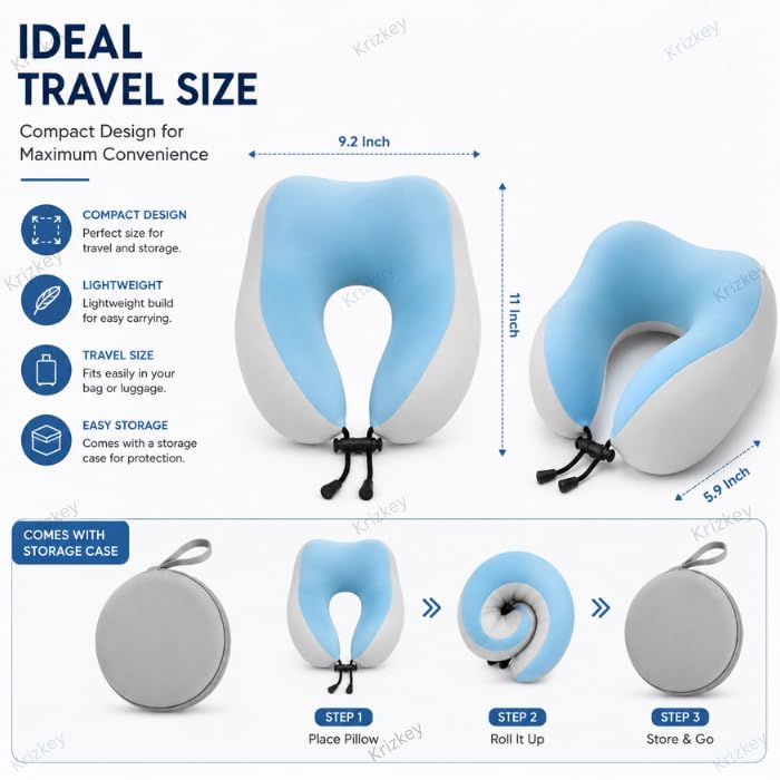 Image of Memory Foam Travel Neck Pillow with Portable Storage Case | Soft U-Shaped Neck Support Cushion for Airplane, Car, Train & Office | Lightweight Ergonomic Travel Pillow (Grey and Blue)