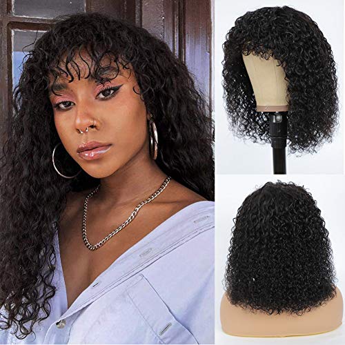Short Curly Wig with Bangs for Black Women 12 inch Non Lace Human Hair Wig With Bangs 180% Density Brazilian Virgin Kinky Curly Wave Wigs Natural Black