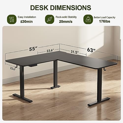 Image of BANTI L-Shaped Standing Desk - 63 x 55 Inch Adjustable Corner Standing Desk with Charging Station - L Shape Sit Stand Table with Memory Controller, Splice Board for Home Office, Black