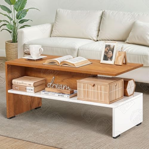 Image of ABOUT SPACE Coffee Table - Portable Wooden Centre Table with Partition Storage - DIY Furniture - Sofa Tea Poyee for Living Room, Home, Office (White & Teak - L 90 x B 40 x H 43 cm)