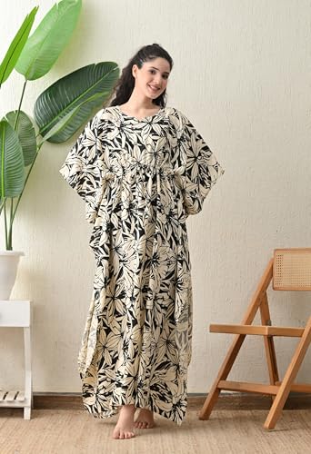 Image of Ichaa Women's Pink Rayon Printed Round-Neck Kaftan-Style Free Size Nighty with Drawstring
