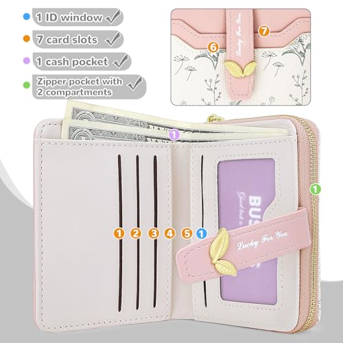 Small Wallet Womens Pink Flower Cute Wallet's Women Mini Wallets for Ladies Slim Change Purse for Ladies Bifold Wallet Womens With Zipper Coin Pocket Purses Card Holder for Women4