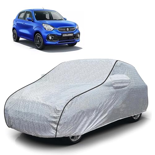 Image of Sulfar 100% Waterproof Car Body Cover Compatible with Mirror for Maruti Suzuki Celerio (Triple Stitched, Full Bottom Elastic, Magic Silver with Black Piping)