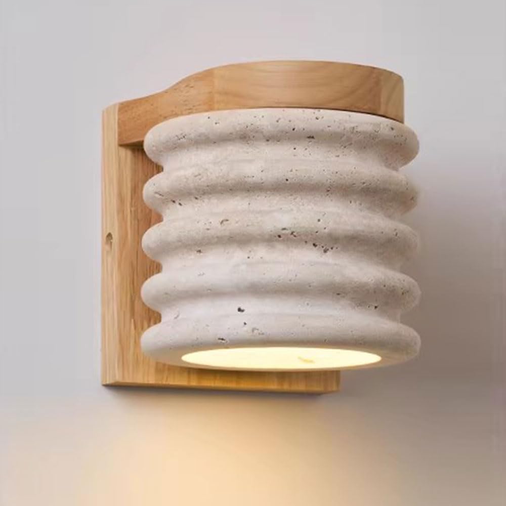 GUOGUOSM 4.7in Natural Yellow Travertine Wood Wall Light, Modern Industrial Style Indoor Wall Sconce, Hard Wire Connection Wall Lamp, Staircase Bedroom Dining Room Decorative Lighting Fixtures