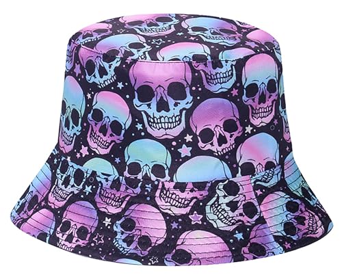 IHAUIUE Sombrero de pescador con estampado de calavera para Halloween, reversible, plegable, para mujeres y hombres, Calavera pequeña y colorida, talla unica-L