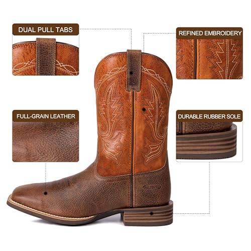 Image of Palitutu Men's Western Cowboy Boots, Fashionable Embroidered Full Grain Leather, Square Toe Pull-On, 4-Layer Composite Sole, Slip-Resistant Work & Riding Boots