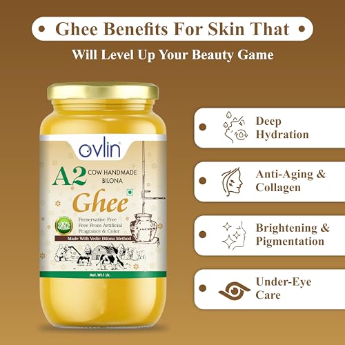 Image of Ovlin A2 Desi Cow Ghee | Handmade Bilona Method Ghee | Pure Desi Cow Milk | Traditional Vedic Bilona Process | 100% Natural, Preservative Free | Rich in Vitamins A, D, E & K | Pure A2 Bilona Cow Ghee for Cooking & Daily Nutrition (1000 ml )