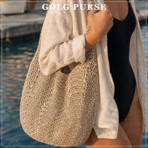 Image of Boho Crochet Shoulder Bag for Women, Colorful Beaded Beach Tote Handbag Lightweight Summer Knit Hobo Purse &Travel Organizer