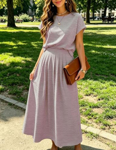 Image of Zontroldy Women's Summer 2 Piece Outfits Striped Skirt Sets Cap Sleeve Crop Top Midi Dress Matching Travel Outfits
