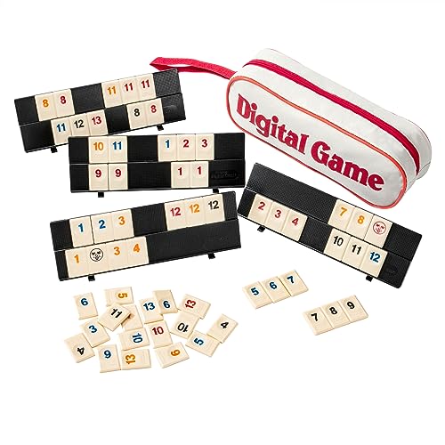 Wisplye Juegos Mini Rummy, Rummi Juego Mesa con 106 Fichas Numerada, 4 Soportes y 1 Soportes Bolsa, Juego de Familia de Estrategia para 2-4 Jugadores, Adultos y Niños a Partir de 7 Años