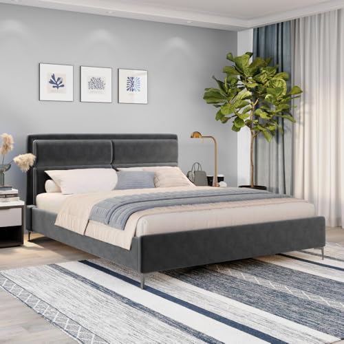 Image of Wakefit Bed | King (78 X 72) Solid Wood Bed, Upholstered, Without Storage, 3 Year Warranty - Zewail - Velvet Space Grey