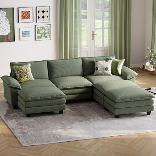 Image of LINSY HOME 123'' Modular Sectional Sofa 3 Seat Couch Corduroy Cloud Couch with Deep Seat, Modern Cloud Couch with 3 Movable Ottoman for Living Room, Office, Bedroom, Green