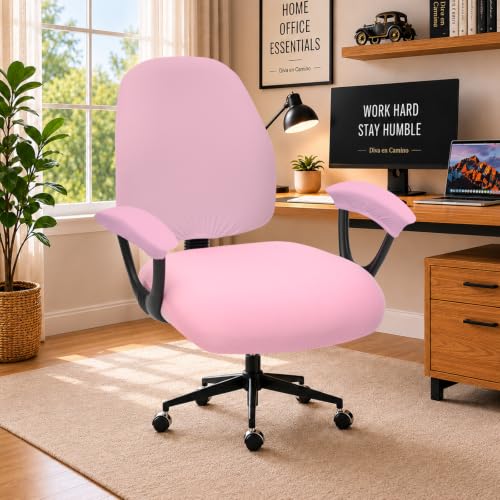 Image of Stretchable Separate Office Chair Seat Covers - Universal Stretch Computer Chair Slipcover Rotating Backrest Coverings & Cushion Protectors & Armrest Covers for Dogs, Cats, Pets, Pink