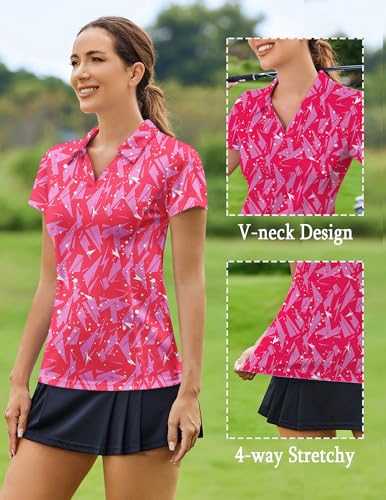 Image of PINSPARK Womens Golf Shirt Short Sleeve Polo V-Neck Quick Dry Tennis Tops | Moisture-wicking Breathable Fabric, Classic Collar, Slim Fit, Ideal for Golf Tennis Pickleball Casual