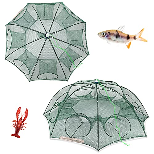 Wjiang Automatic Fishing Net, 2 Pack Foldable Fishing BaitTrap Shrimp Cage Portable Trap Cast Dip Cage Crayfish Minnow Crab Baits Cast Fishing Network 8 Holes