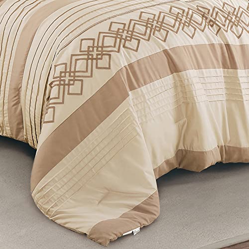 Chezmoi Collection Liliana King Bed In A Bag 7-Pieces Taupe Geometric 3D Embroidery Pleated Stripe Comforter Set With Sheets All Season Bedding Set, King #TOP6
