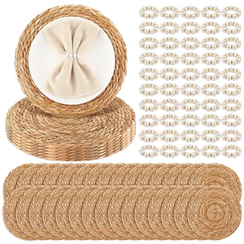Image of 100 Pcs 12 Inch Cattail Round Woven Placemats Set, Cattail Placemats with Pearl Napkin Rings Boho Farmhouse Rustic Woven Chargers Natural Mat Bulk for Wedding Party, Dinner Table
