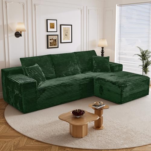 Image of 108 inch L Shaped Boneless Sectional Couches for Living Room, Comfy Corduroy Floor Cloud Sofa with Chaise, Wide Armrest, Deep Seat, Memory Foam, Assembly Free, Ideal for Small Spaces, Green