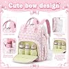 Mochila pañalera acolchada para mamá y bebé niña, grande, con patrón de moño rosa 6