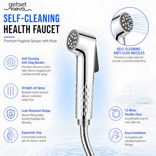 Image of Anti-Clog Jet Spray for Toilet with 1.5 Meter Pipe, ZeroBlock Silicone Nozzles, High Pressure Health Faucet, Leak-Proof Stainless Steel Jet Spray Gun, Bathroom Bidet Spray Full Set, Chrome