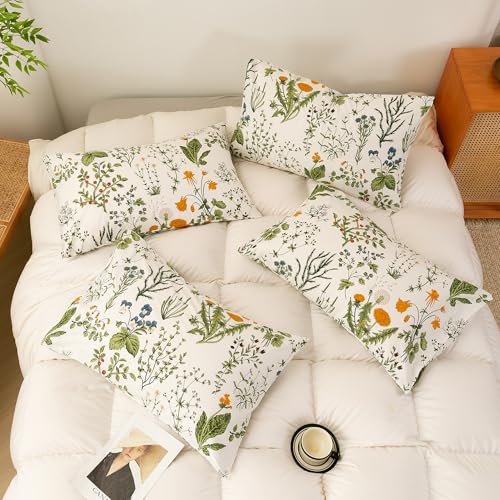 Image of ECOCOTT 4 Pack Pillowcase Queen Size with Green Botanical Floral Leaves Pillow Cases Set, 100% Cotton Queen Pillow Covers Envelope Closure (Queen, 20 inchx30 inch)