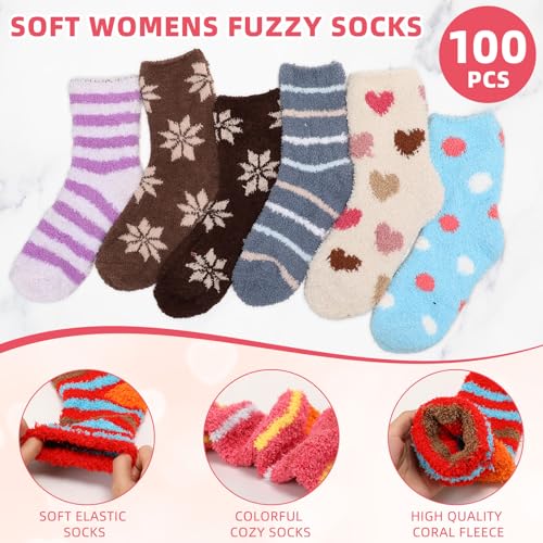 Suhine 100 Pcs Bulk Women's Fuzzy Plush Slipper Socks - Warm Winter Soft Fluffy Assorted Bed Comfy Sleep Socks for Women Girls Home Gift3