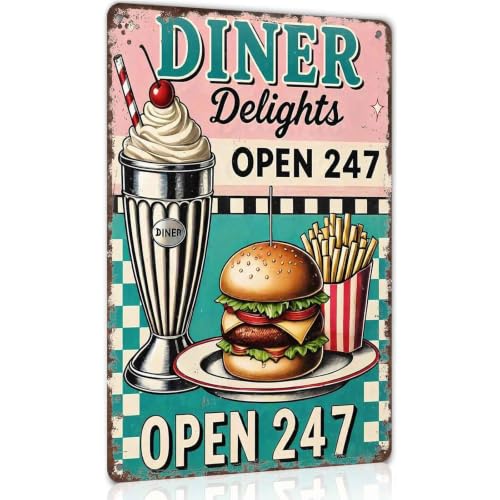 Retro Diner Delights Burger Milkshake Fries Open 24 7 Metal Sign 12x8 Inch