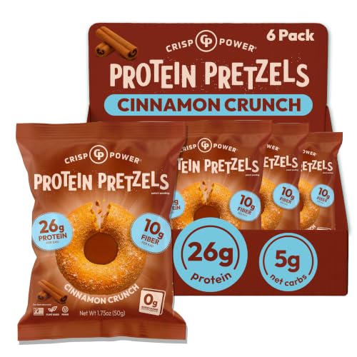 Crisp Power Cinnamon Crunch Protein Pretzels, High Protein Snack, 6 Pack