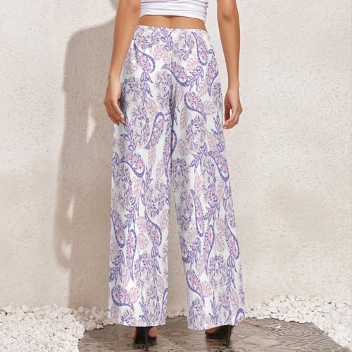 Palazzo Pants for Women, Purple Pink Paisley Casual Comfy Womens Wide Leg Pants Baggy Lounge Pants4