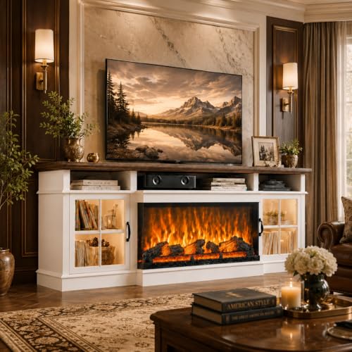 Breezestival 70 Fireplace TV Stand Farmhouse TV Stand for TVs up to 80 with LED Lights Media Entertainment Center with Glass Door for Living Room White