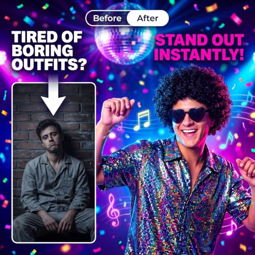 Image of FREE BEAUTY 8pcs Black Afro Wig with Heart Sunglasses for Men Women, Funny 70s 80s Disco Party Afro Wigs Colored Short Fluffy Curly Hair with Hair Net for Halloween Cosplay Costume Party