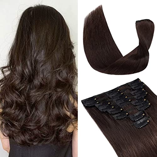TESS Clip in Hair Extensions Real Human Hair Brown Remy Seamless 8 Pieces Straight Short for Women/Girls (#02 Dark Brown, 08 Inch 45g)