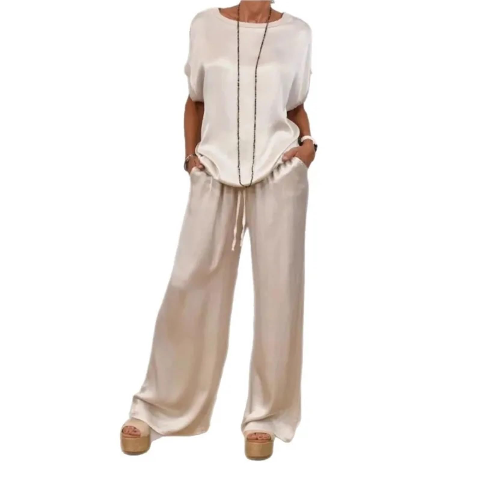 Traje de satén de talla grande for mujer, top negro con cuello en V, pantalones largos, trajes holgados, conjuntos de ropa informal de verano a la moda for mujer Para Playa y Verano(Black,XXL)