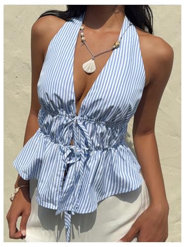 Milumia Women's Striped Tie Bow Front Halter Top Sleeveless Ruched Ruffle Hem Tank Tops3