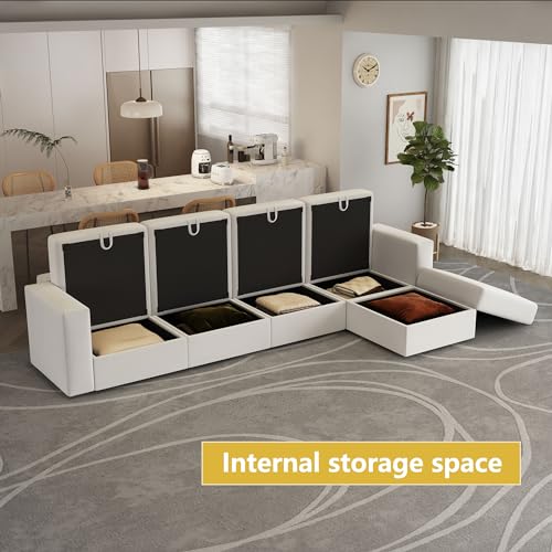 Image of QHITTY L Shaped Sectional Modular Sofa, 5 Seater Accent Couch with Hidden Extra Large Storage Space for Living Room, Beige White
