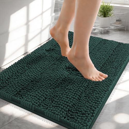 Image of OLANLY Thick Small Bathroom Rugs 24x16, Extra Absorbent Chenille Striped Bath Rugs, Rubber Backing, Machine Wash, Bath Mats for Bathroom Floor, Tub and Shower, Home Decor Accessories, Blackish Green