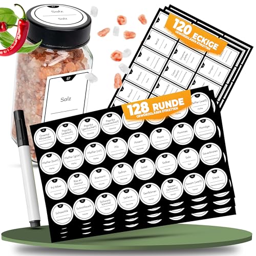 CLIDOR weiße Gewürzetiketten selbstklebend, 248 Stück, Wasserfeste Gewürzaufkleber, Vorbeschriftet & Blanko, inkl. Marker zum Beschriften, Etiketten in Rund & Eckig, CLIDOR Gewürzgläser kompatibel