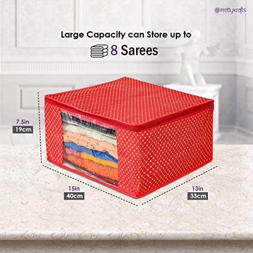 Image of PrettyKrafts Cotton Quilted Large Sari Cover Bag with transparent window, Pack of 4, Red